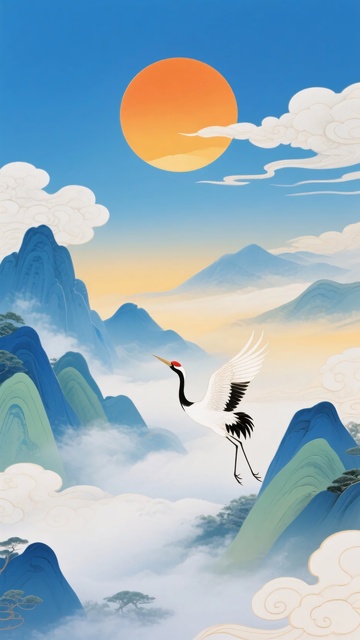 山水间的仙鹤与朝阳图景675