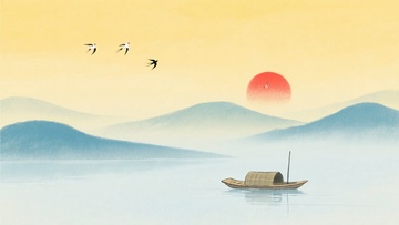 江上落日扁舟飞鸟图景164