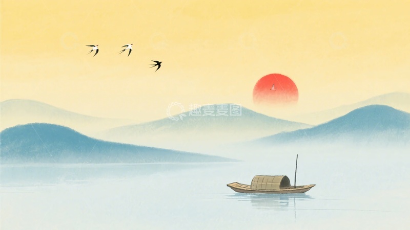 高清大图下载【趣麦麦图】-江上落日扁舟飞鸟图景164