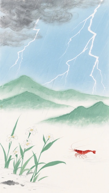 山水间雷雨下的虾与花草021