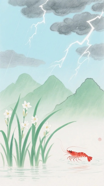 雷雨下的山水与水中红虾159