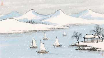 冬日江景帆船雪景图513