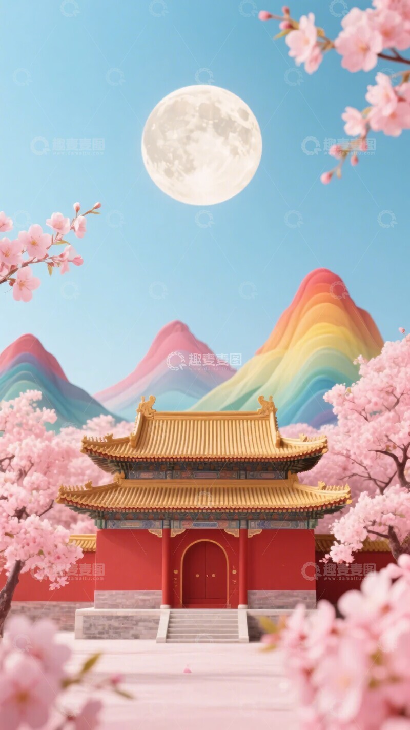 高清大图下载【趣麦麦图】-古风月下宫殿与烂漫樱花景致521