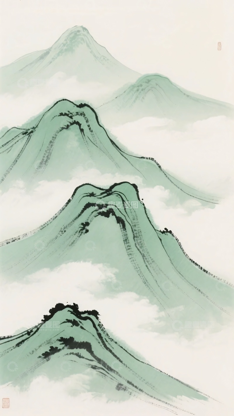 高清大图下载【趣麦麦图】-水墨风格青绿山水画作201