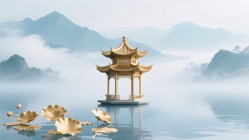 湖面上的金色古亭与莲叶459