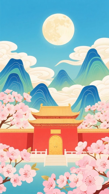 古风月下宫殿与繁花景象013