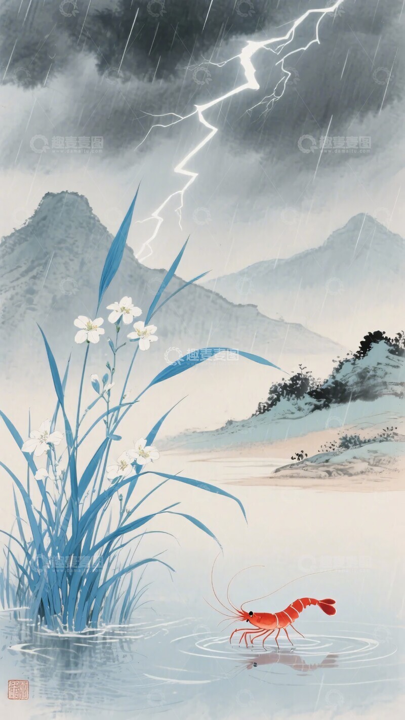高清大图下载【趣麦麦图】-风雨中的虾与花草山水图527