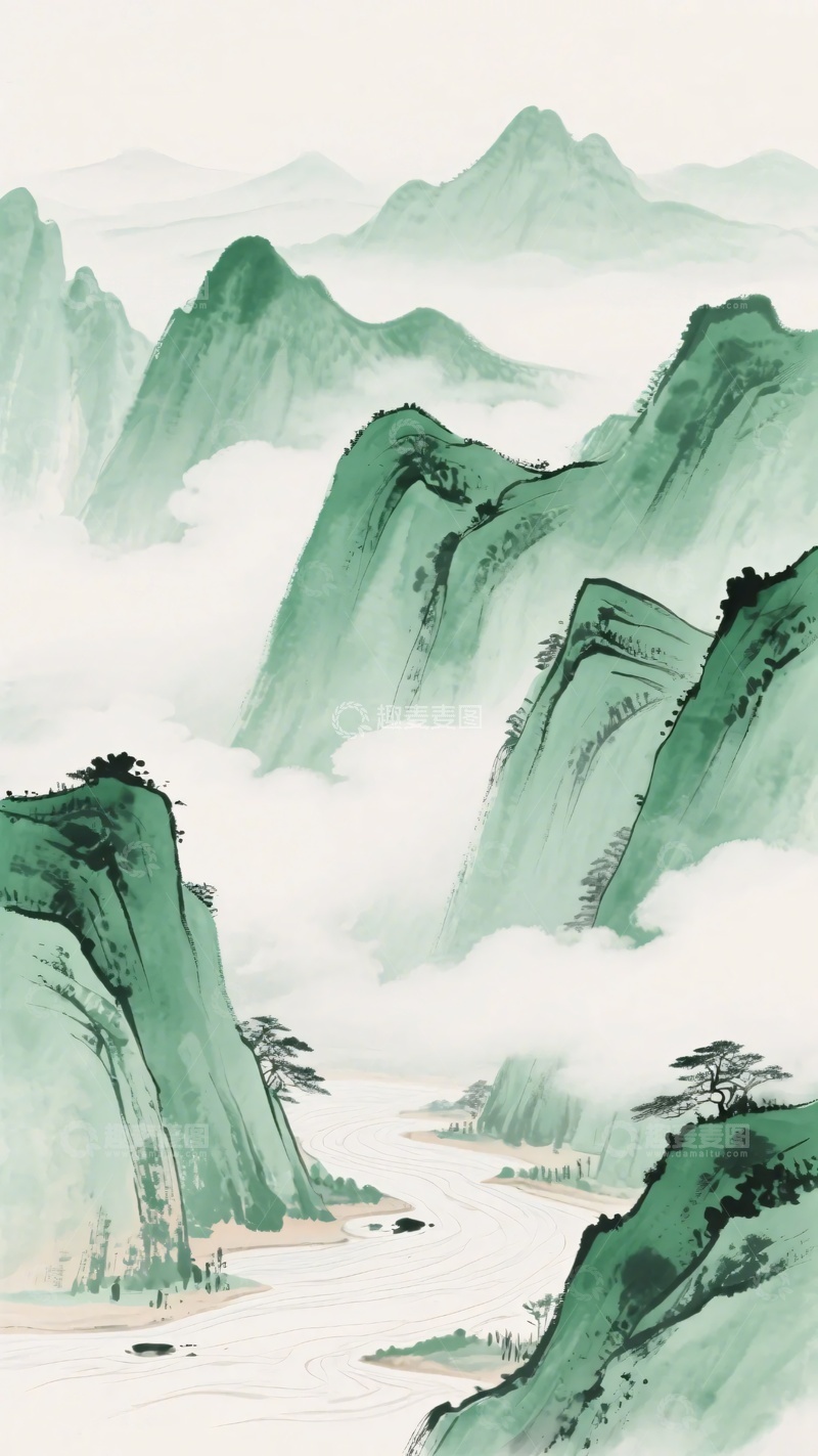 高清大图下载【趣麦麦图】-中式青绿山水插画211