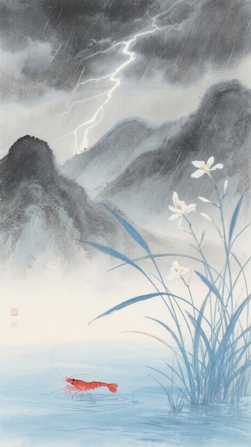 山水间雷雨下的红鱼与白花610