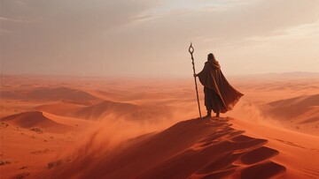 沙漠中持杖站立的神秘人物658