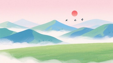 山间日出飞鸟风景插画122