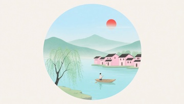 中式山水村落插画风景774