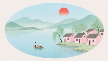 湖畔村庄夕阳下的宁静景象465