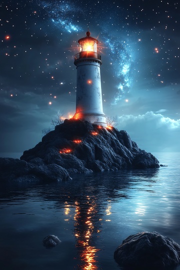 星空下的海边灯塔350