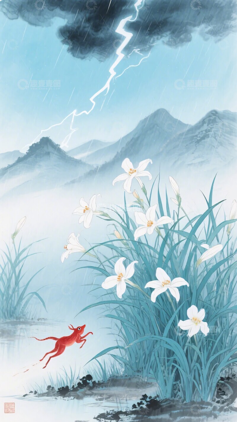 高清大图下载【趣麦麦图】雷电下溪边奔跑的红狐与白花268