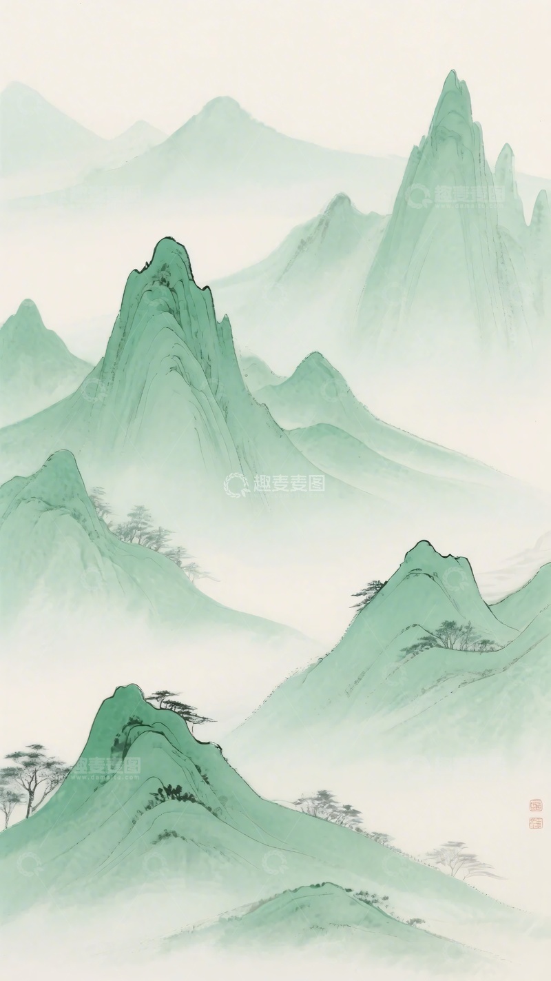 高清大图下载【趣麦麦图】-水墨风格青绿山水图454