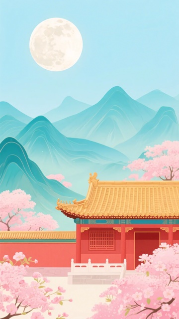 古风月下宫殿与盛开樱花图793