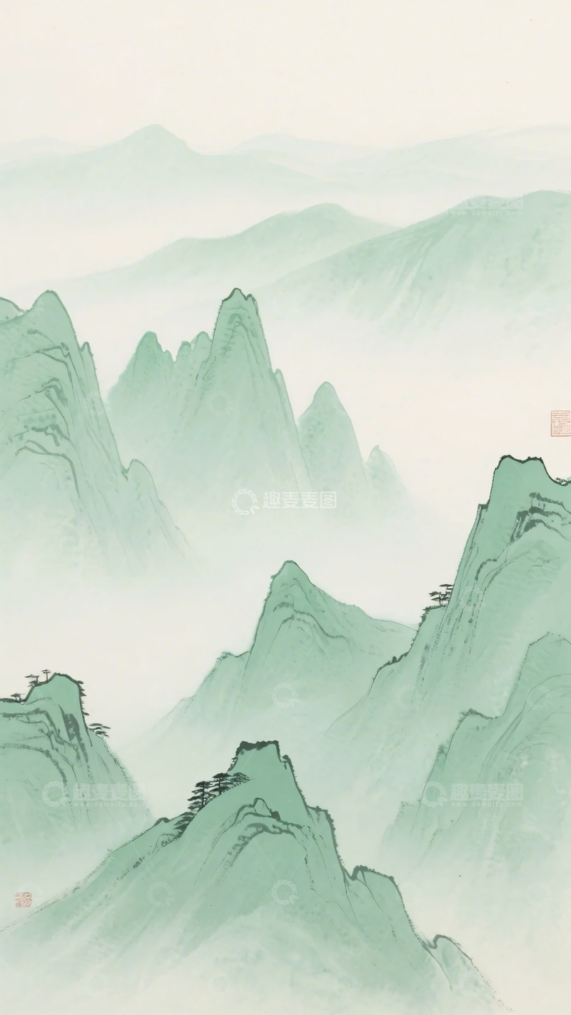 高清大图下载【趣麦麦图】-水墨风格青绿群山图805