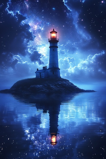 梦幻星空下的灯塔夜景378
