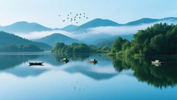 山水间的静谧湖面与飞鸟086