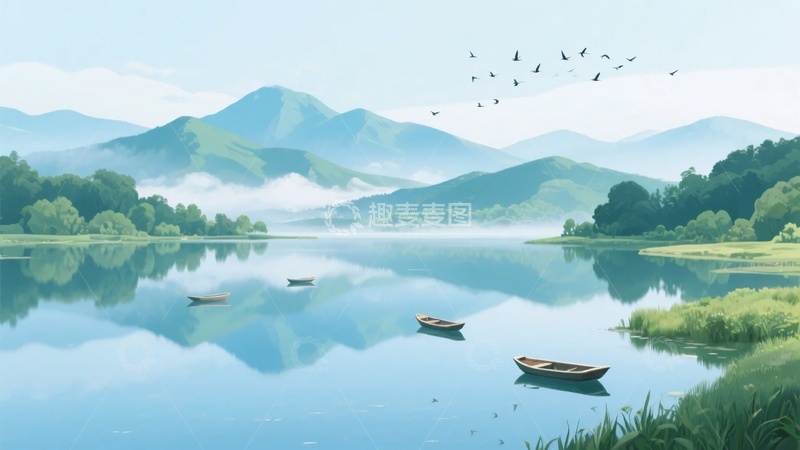 高清大图下载【趣麦麦图】山水间的宁静湖面与小船821