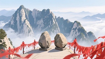 山间巨石与飘扬红绸美景702