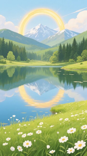 山间湖泊彩虹美景插画253
