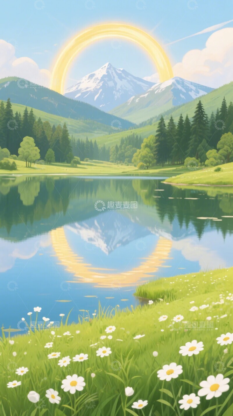 高清大图下载【趣麦麦图】山间湖泊彩虹美景插画253