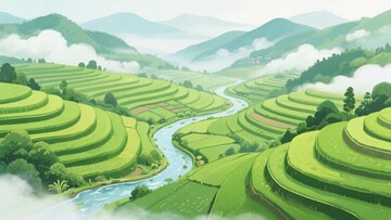 山间梯田河流插画美景334