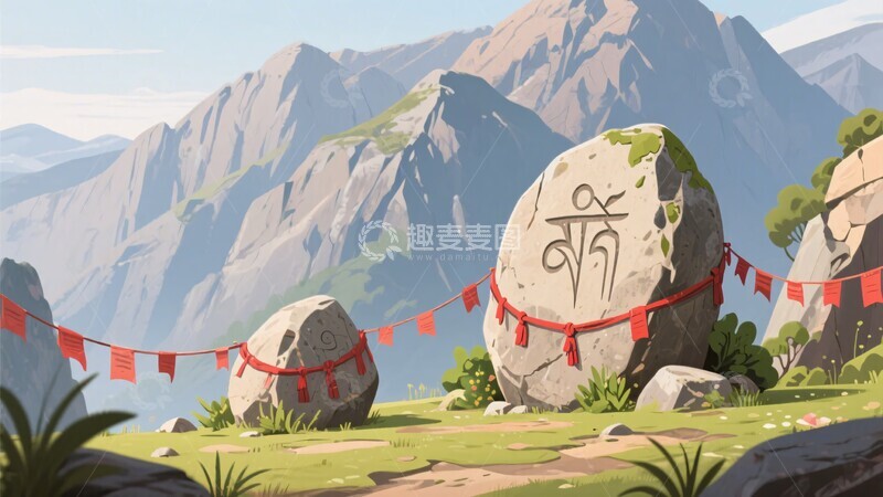 高清大图下载【趣麦麦图】-山间刻字巨石与祈福红幡景象868