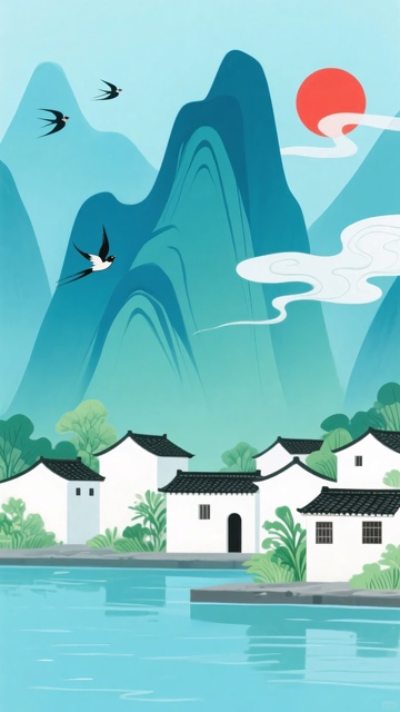 中式山水村落插画风景597