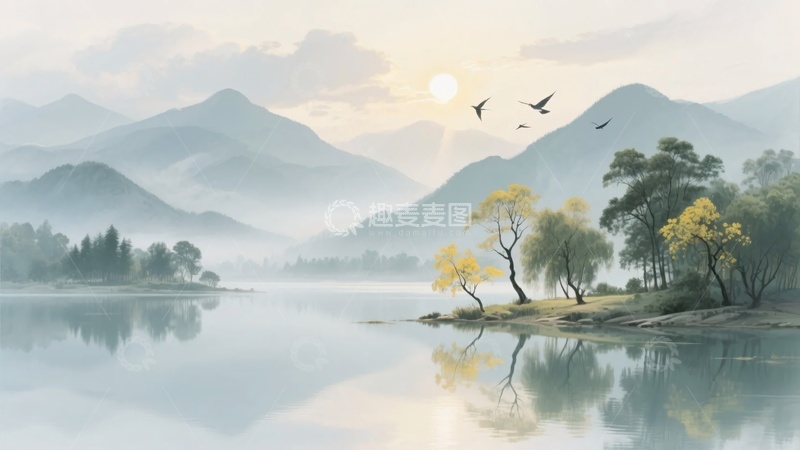 高清大图下载【趣麦麦图】山水湖畔日出飞鸟美景293