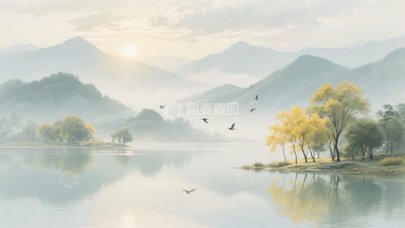 高清大图下载【趣麦麦图】山水湖畔日出飞鸟美景301