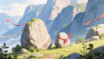 山间刻字巨石风景插画318