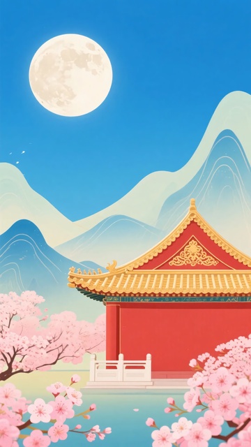 古风月下宫殿与繁花景致767