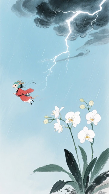 孩童于雷雨下飞跑的插画807