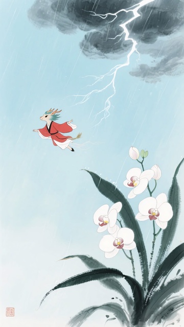 古风插画中仙子于雷雨间飞舞960