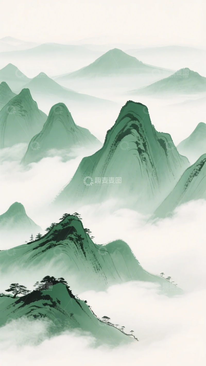 高清大图下载【趣麦麦图】-水墨风格青绿山水图景078