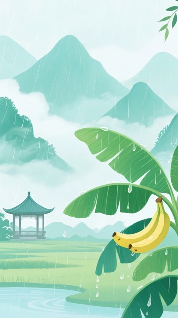 雨中芭蕉与山水亭阁插画780