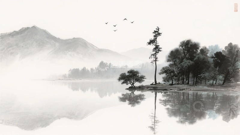 高清大图下载【趣麦麦图】水墨山水静谧湖景图278