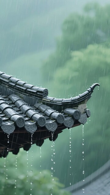 雨中古瓦屋檐景致352