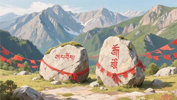 山间刻字巨石与经幡风景596