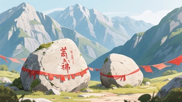 山间刻字巨石与经幡景观280