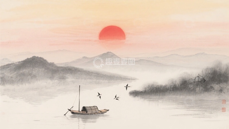 高清大图下载【趣麦麦图】-江上落日孤舟山水画581