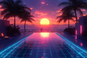 夕阳下的泳池与棕榈树美景267
