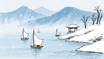 冬日雪景中的江景帆船图069