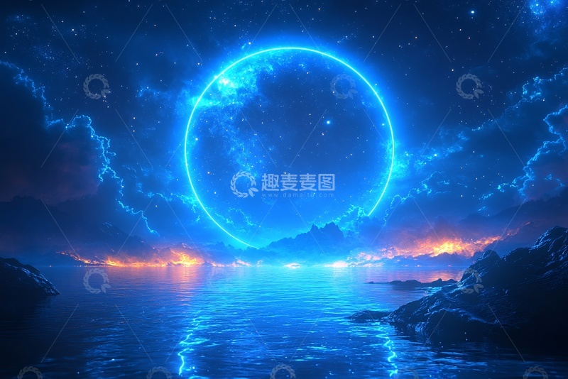 高清大图下载【趣麦麦图】-梦幻蓝色星球夜景插画867
