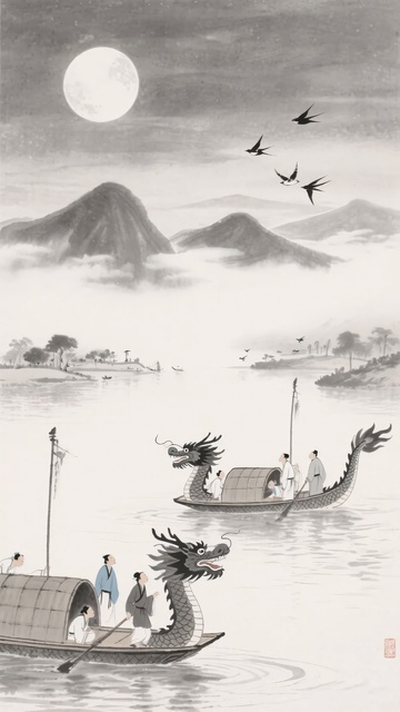 月夜江上龙舟古风景象988