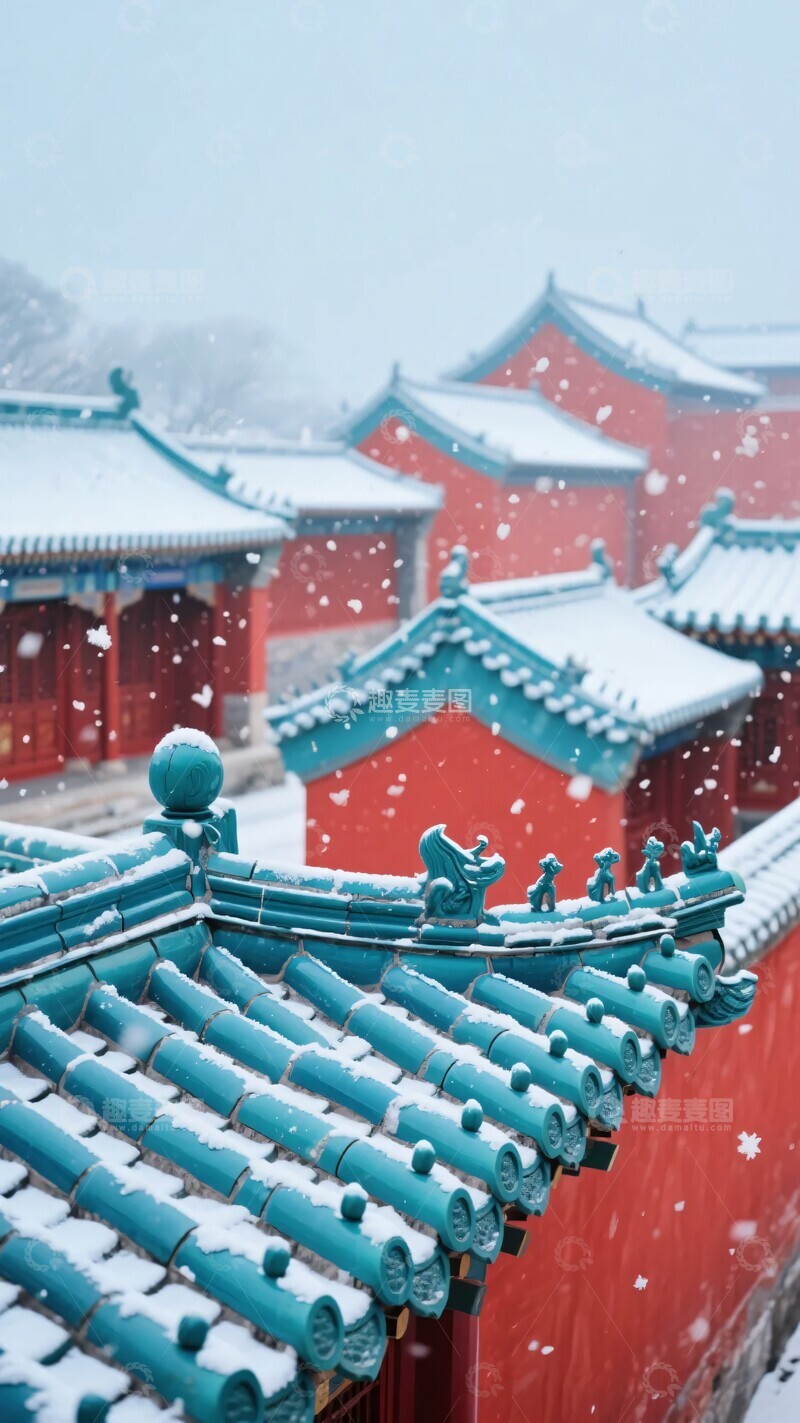 高清大图下载【趣麦麦图】-雪中的中式古建筑屋顶景观240