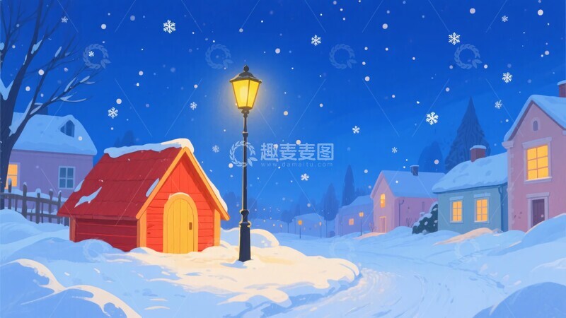 高清大图下载【趣麦麦图】-冬日雪夜温馨小镇景象829